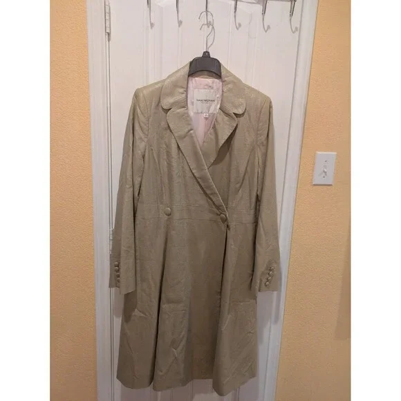 Isaac Mizrahi Linen Trench Coat Beige Size XL Satin Lined Shimmer Long - Picture 4 of 16